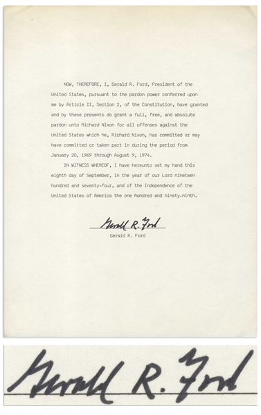 Gerald Ford Signed Souvenir Pardon of Richard Nixon